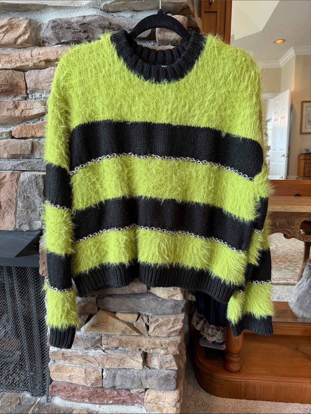 The Ragged Priest Fuzzy Lime Green and Black Striped Crewneck Sweater